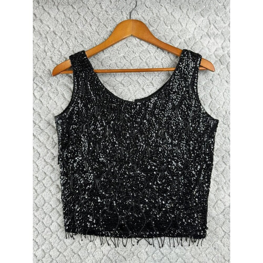 Macys Sequin & Bead Sleeveless Top Vintage Size 36 100% Wool 100% Rayon Black